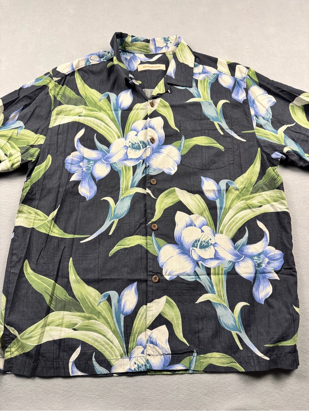Tommy Bahama Mens Large Silk Camp Shirt Hawaiian Floral Black Green Blue Cruise